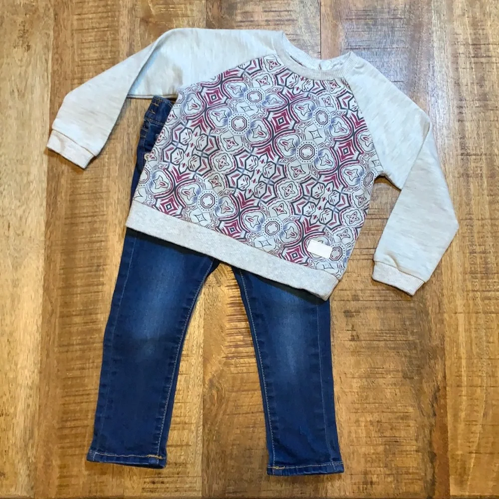 7 For All Mankind Kids Cream Sweatshirt with Red Pattern & Dark Blue Jeans Set